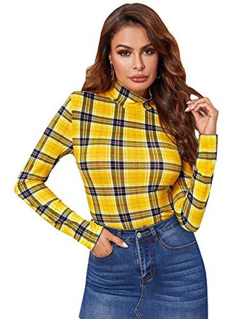 SweatyRocks Women's Mock-Neck Graphic Print Long Sleeve T Shirt Basic Blouse Tops Yellow Plaid S