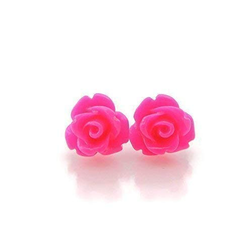 9mm Small Bright Pink Rose Studs, Hypoallergenic Plastic Post Earrings Metal Sensitive Ears