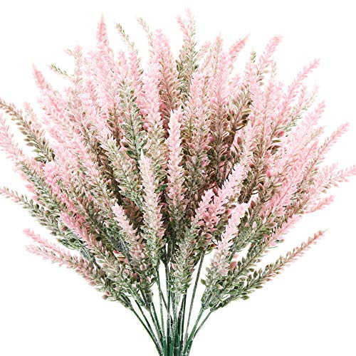 TENCHY Artificial Lavender Fake Flowers, 6 Bundles Pink Lifelike Faux Foliage Plants Shrubs for Wedding Bouquets, Outside Hanging Planter, Farmhouse Indoor Outdoor Patio Home Decor