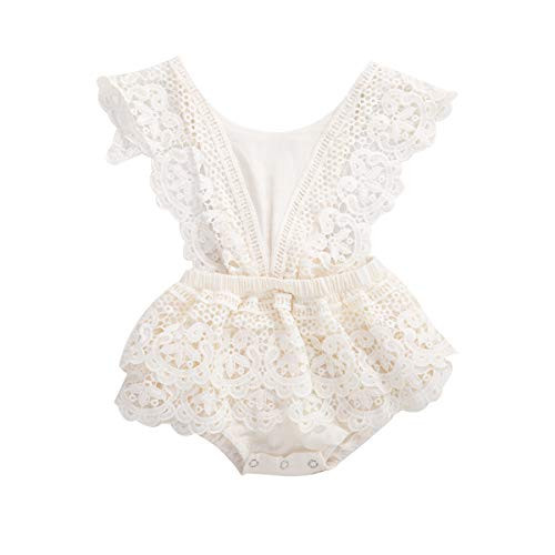 Newborn Infant Baby Girls Ruffle Sleeve Romper Clothes Ruffle Lace Bodysuit Tutu Dress Jumpsuit Princess Outfit (Beige, 18-24 Months)