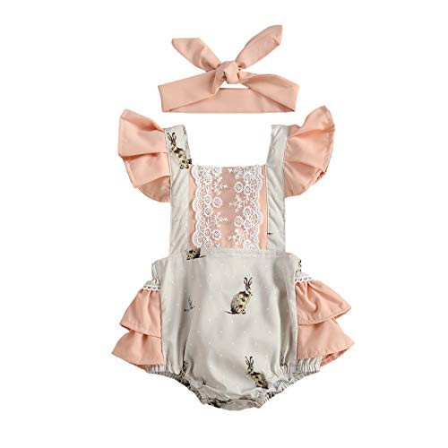 3Pcs Short Sleeve Jumpsuit Baby Girl Rompers My First Easter Outfits Shorts Bow-Knot Headband Bunny Print Rabbit (Khaki, 18-24 Months)