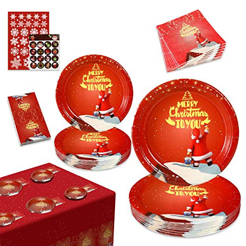 Christmas Plates, Christmas Party Supplies, Christmas Paper Plates and Napkins, 123 PCS Disposable Dinnerware Set Serves 30 Guests, Christmas Table Decorations, Christmas Decoration, Merry Christmas