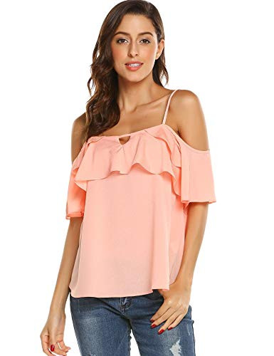 Dealwell Women's Casual Spaghetti Strap Top Cold Shoulder Ruffle Shirts Blouse Pink
