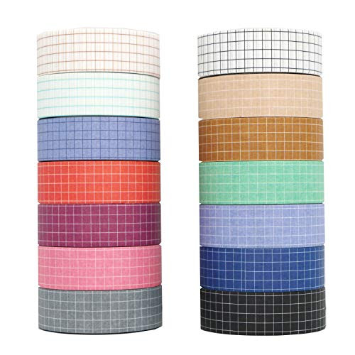 Washi Tape Set, YuBoBo 14 Rolls Grid Washi Masking Decorative Tapes 33 Feet per Roll for DIY Decor Planners Scrapbooking Adhesive School/Party Supplies (14 Colors)