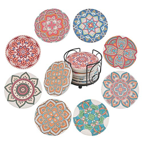 FOCCTS 8 Packs Absorbing Stone Mandala Coasters with Holder, 4 inch Ceramic Stone Coasters Set with Cork Backing Pads, Mandala Ceramic Stone Coasters for Apartment Kitchen Room Bar Decor