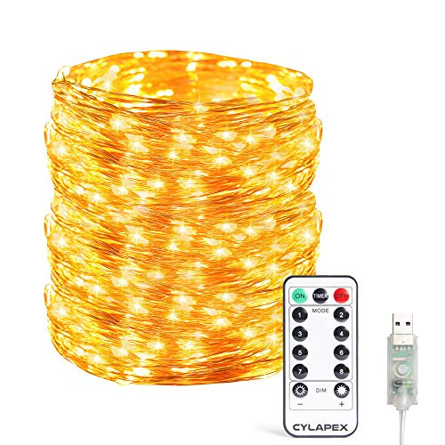 CYLAPEX Copper Wire Led Starry String Lights 66ft 200 LEDs Waterproof USB Powered Fairy Lights with 8 Modes Remote Control Ambiance Lighting for Christmas Bedroom Wedding Patio (Warm White)