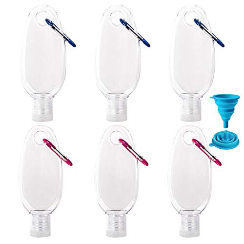 6 Pack Travel Plastic Clear Keychain Bottles, 2oz/60ml Refillable Leakproof Squeeze Empty Container Flip Cap for Hand Sanitizer, Shampoo, Conditioner and Lotion, liquid Cosmetic Bottles