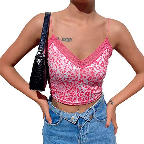 Amilia Women's Sexy V Neck Lace Crop Top Spaghetti Strap Crochet Patchwork Y2K Cami Tank Tops Pink Leopard