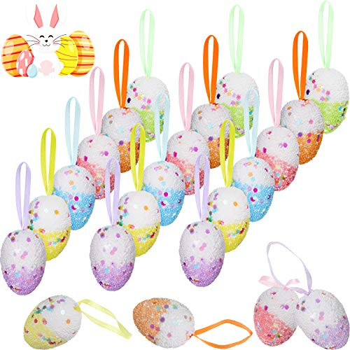 24 Pieces Easter Colorful Foam Hanging Egg Ornaments Painted Hanging Easter Decoration for Easter Spring Party, 6 Styles