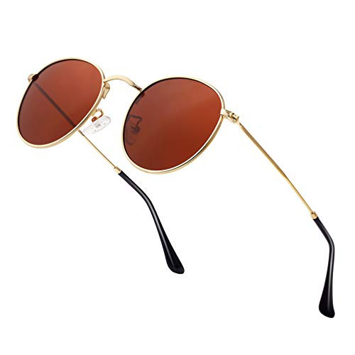 Small Round Polarized Sunglasses Retro Men Women Mirrored Lens Metal Frame Circle Sun Glasses Shades (Red Lens/Gold Frame)