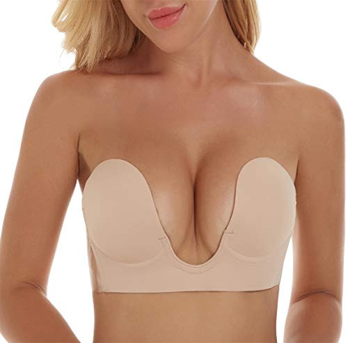 Lovesfay Strapless Bra Sticky Backless Bra Self Adhesive Bra Invisible Push up Bra for Women (B, Beige)