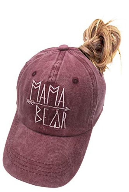 MANMESH HATT Mama Bear Ponytail Hat Vintage Washed Distressed Baseball Dad Cap for Women Red