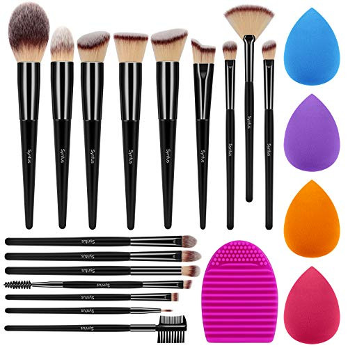Syntus Makeup Brush Set, 16 Makeup Brushes  and  4 Blender Sponges  and  1 Brush Cleaner Premium Synthetic Foundation Powder Kabuki Blush Concealer Eye Shadow Makeup Brush Kit, Pure Black