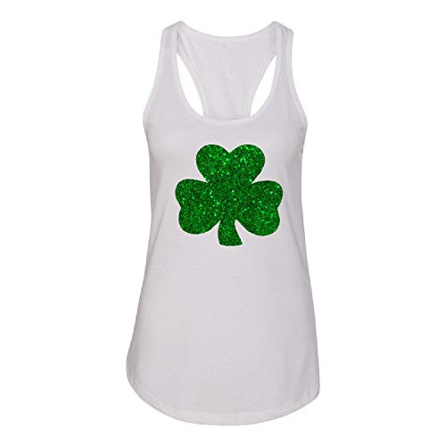 Irish Shamrock St. Patrick's Day Glitter Green Lucky Charm Women Racerback Tank White/Medium