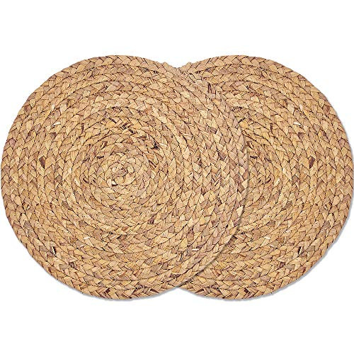 2 Pack Rattan Placemats - Natural Water Hyacinth Weave Tablemats for Dining Table, Large Braided Handmade Woven Placemats for Table, Coasters, Pots, Pans  and  Teapots in Kitchen (11.8'')