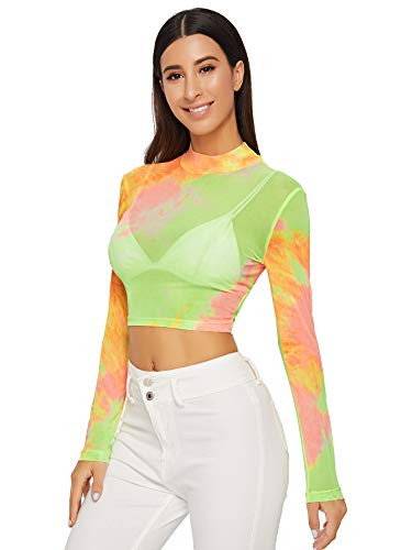 SweatyRocks Women's Long Sleeve Mock Neck Tie Dye Sexy Sheer Mesh Crop Top Multicolor-1 M