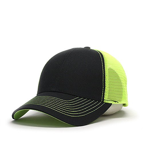 Vintage Year Plain Two Tone Cotton Twill Mesh Adjustable Trucker Baseball Cap (Black/Neon Yellow)