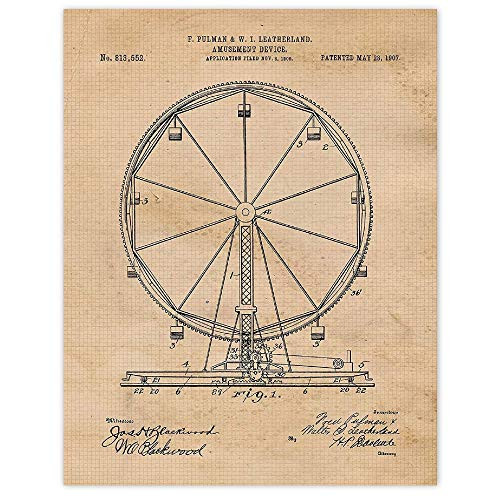 Vintage Ferris Wheel Patent Poster Prints, 1 (11x14) Unframed Photos, Wall Art Decor Gifts Under 15 for Home, Office, Garage, Man Cave, Student, Teacher, Amusement  and  Theme Park Ride Fan