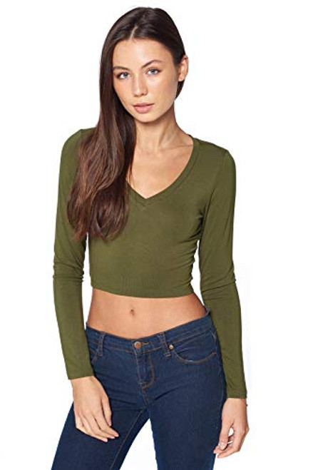 Khanomak Women's Basic Long Sleeves V Neck Fitted Crop Top T Shirt (Olive, Large)