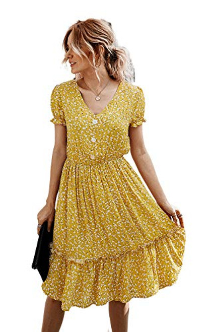 Womens Floral Boho Midi Dress Short Sleeve Casual Summer Knee Length Flowy Dress Yellow L