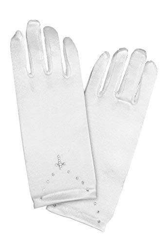 Pink Princess First Communion Gloves for Girls White - Rhinestone Cross Design for 1st Holy Communion (Large (8-12))