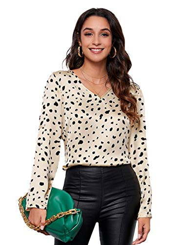 Romwe Women's Lantern Long Sleeve V Neck Casual Workwear Blouse Tops Shirts Beige L