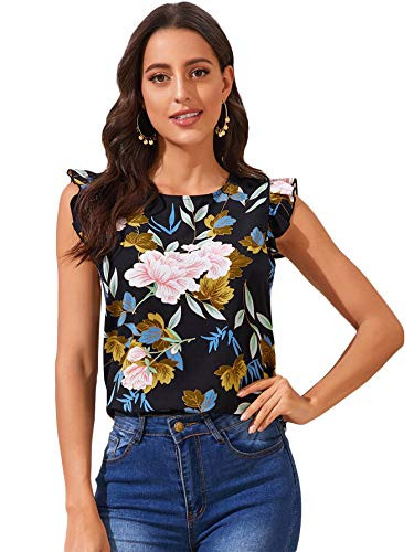 Romwe Women's Floral Print Ruffle Cap Sleeve Round Neck Work Blouse Tops Black L