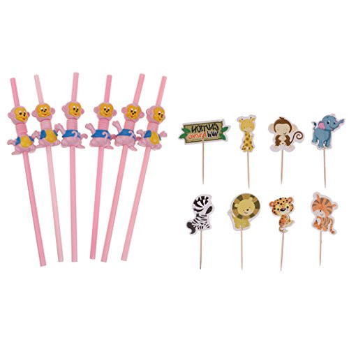 24pcs Jungle Animals Pals Cupcake Cake Picks Kids Birthday 12x Monkey Straws