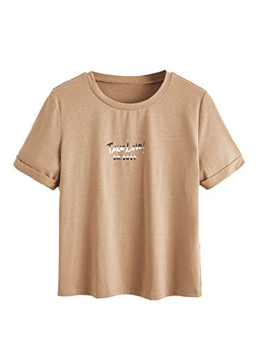 Romwe Women's Graphic Print Rolled Short Sleeve Casual Basic Tee Tops T Shirt Khaki M