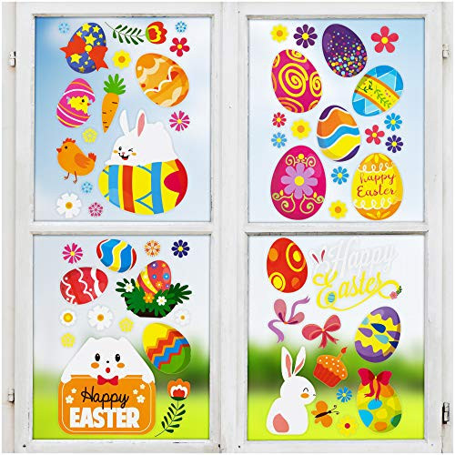 Easter Window Clings for Glass Windows, 150-Piece Happy Easter Window Decorations, Spring Window Gel Clings, Easter Bunnies, Easter Eggs, and Floral Designs