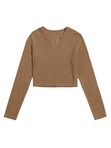 Floerns Women's Solid Notch Neck Rib Knit Long Sleeve Crop Top Tee Khaki L