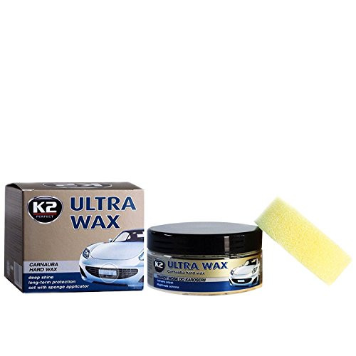 K2 Ultra Hard Paste Wax for Car-Body Scratch Remover - No Harmful or Irritant - Removes Weathered Paint Stains Oil Asphalt and Remains of Insects - Smooth & Glossy Car-Paint (9 oz) + Free Sponge