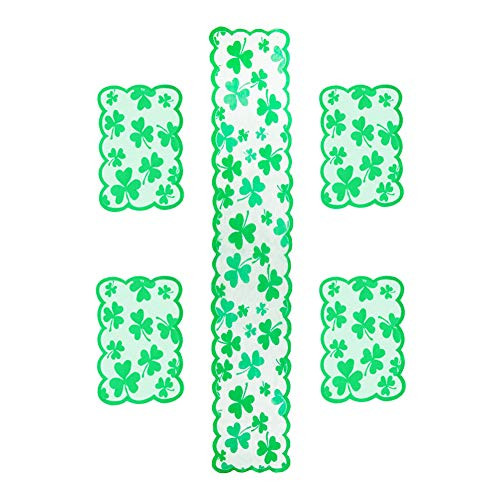 Noahooy 5PCS St. Patrick's Day Table Runner and Placemats 13x72 Green Clover Lace Tablecloth Decoration Irish Holiday Party St. Patrick's Day Party Accessory