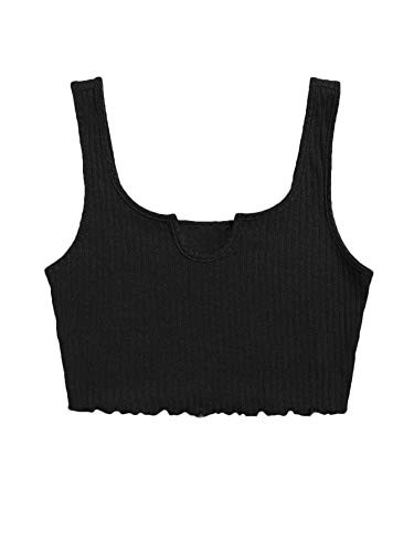 Milumia Women's Casual Rib Knit Tank Tops Lettuce Trim Notch Neck Solid Slim Crop Tops Black Medium