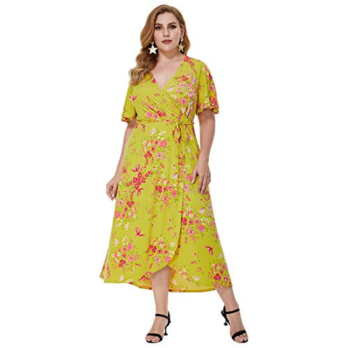 Women's Plus Size Wrap Dress Short Sleeve V Neck Belted Empire Waist Asymmetrical High Low Maxi (Floral Cranes, 3X) Women's Plus Size Wrap Dress Short Sleeve V Neck Belted Empire Waist Asymmetrical High Low Maxi (Floral Cranes, 3X)