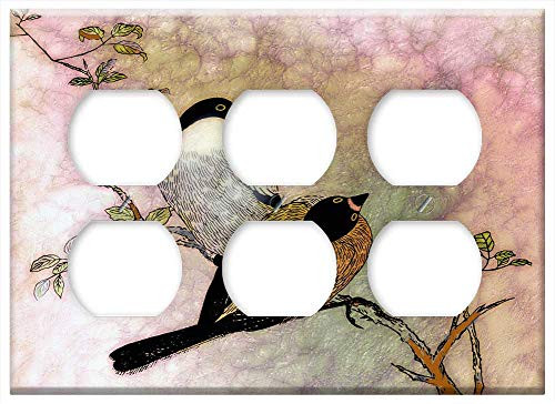 Triple Duplex Outlet Wall Plate Cover - Birds Nature Tree Pen Drawing Pen Sprig Songbird