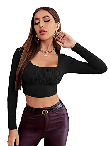 Milumia Women's Ribbed Knit Long Sleeve Crop Tee Ruched Bust Scoop Neck Plain Tops Black Small