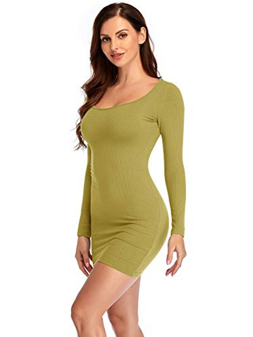 MISFONDLE Women's Sexy Rib Casual Bodycon Long Sleeve Scoop Neck Mini Tight Club Party Night Out Knit Sweater Pencil Dress Yellow MISFONDLE Women's Sexy Rib Casual Bodycon Long Sleeve Scoop Neck Mini Tight Club Party Night Out Knit Sweater Pencil Dress Yellow