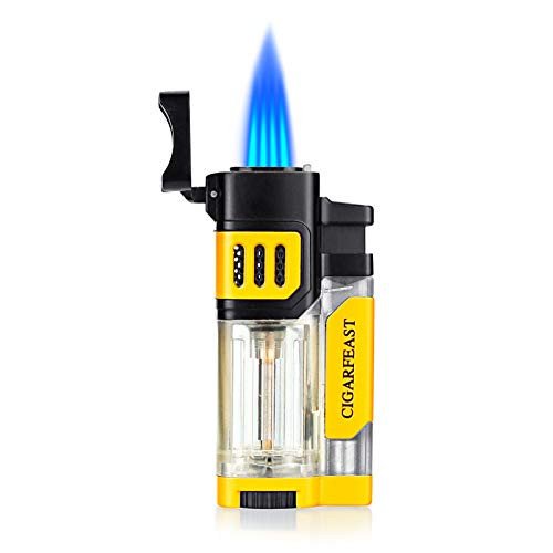 Lighter Torch with Rest Stand Windproof Four Jet Strong Flame Butane Refillable Scorch Lighters(Without Gas) (Yellow)