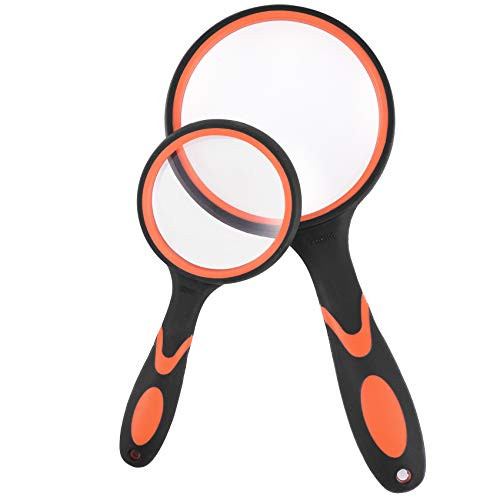 2Pcs Magnifying Glass 10X Handheld Reading Magnifier for Seniors  and  Kids, Thickened Magnifying Lens with Non-Slip Rubber Handle, Ideal for Reading Small Prints Hobby Observation Inspection (Orange)