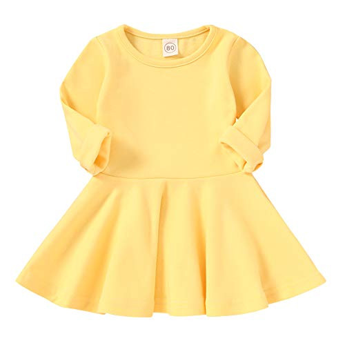HAPPYMA Toddler Baby Girls Clothing Winter Solid Color Cotton Button Spring Dress Long Sleeve Skirt Outfits (Cotton Yellow, 18-24 Months)