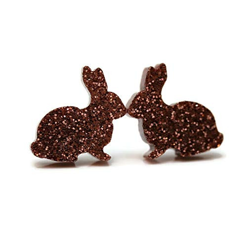Glitter Bunny Stud Earrings, Metal Free Plastic Post, 12mm Chocolate Brown