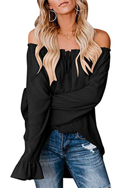 Womens Sexy Off Shoulder Long Sleeve Tunic Shirt Casual Chiffon Ruffle Blouse Tops Black 2XL Womens Sexy Off Shoulder Long Sleeve Tunic Shirt Casual Chiffon Ruffle Blouse Tops Black 2XL