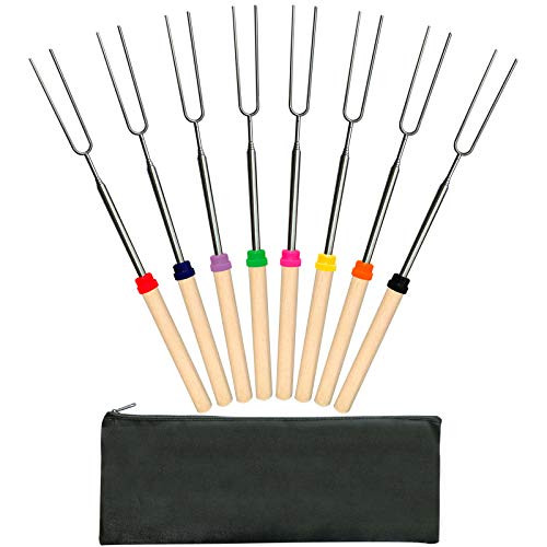 Lecoku 8Pcs Marshmallow Roasting Sticks, 32inch Extendable Stainless Steel S'Mores Skewer with Wooden Handle Telescoping Barbecue Forks for Smores Campfire BBQ Hot Dog