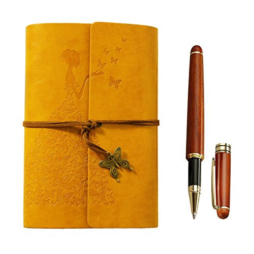 Leather Writing Journal Notebook, Loose Leaf Blank Classic Butterfly Bound Notebook Refillable Diary Sketchbook Gifts with Unlined Travel Journals to Write in for Girls and Boys-Yellow