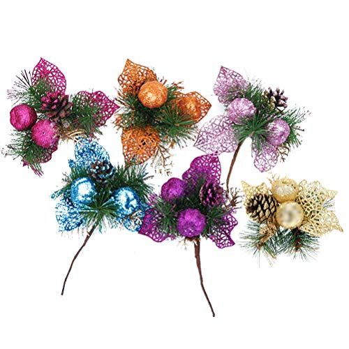 Amosfun 6PCS Glitter Artificial Picks Christmas Pine Cone for for Christmas Tree Wreath Garland Decoration (Random Color)