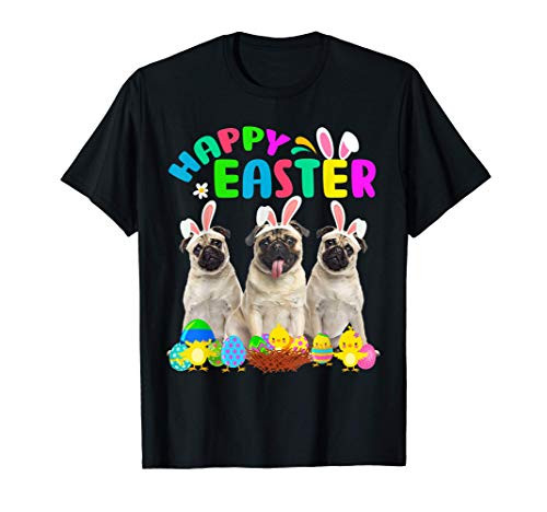 Happy Easter Three Pug Wearing Bunny Ear Pug Lover T-Shirt