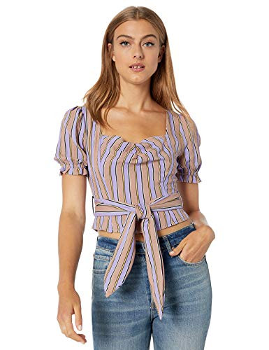 MOON RIVER Women's Tie-Front Top, Lavender Stripe, l