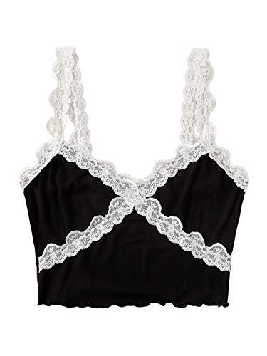SOLY HUX Women's Lace Trim Spaghetti Strap Lettuce Trim Cami Crop Top Camisole Black M