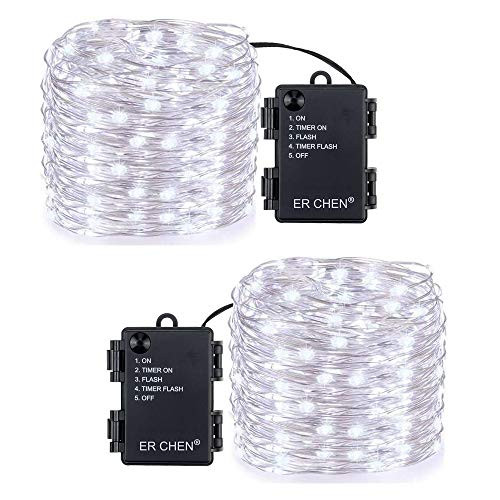 ER CHEN 33 Ft 100 LED Fairy Lights Battery Operated Christmas Lights with Timer, Waterproof Silvery Copper Wire Cool White Firefly Twinkle String Lights for Party Bedroom Wedding (2 Pack)